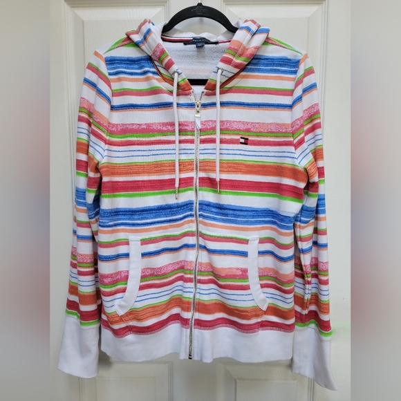 Tommy Hilfiger Womens Striped Zip-Up Hoodie Size Large - Picture 1 of 3